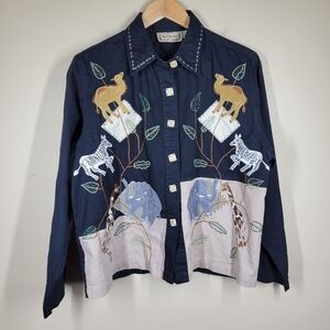 Vintage Lifestyles Safari Jungle Animal Embroidered Button Up Cotton Shacket Lrg